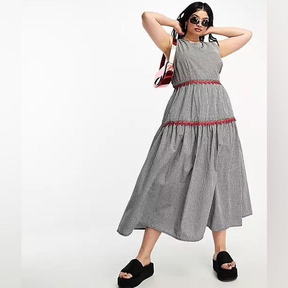 NWT Neon Rose Gingham Midaxi Dress Black White Strawberry Embroidery Plus Size - Picture 5 of 14